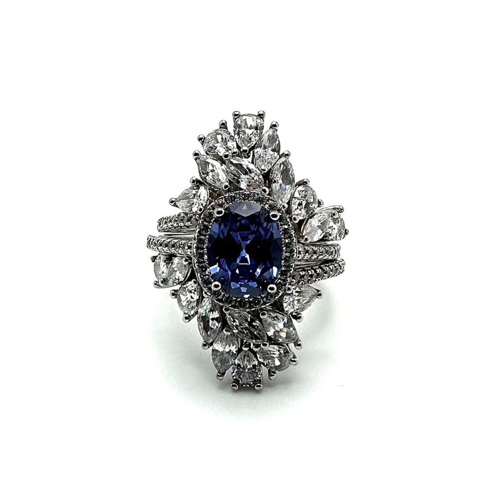Simulated Sapphire Cubic Zirconia Sterling Silver Designer Cocktail Ring Size 7